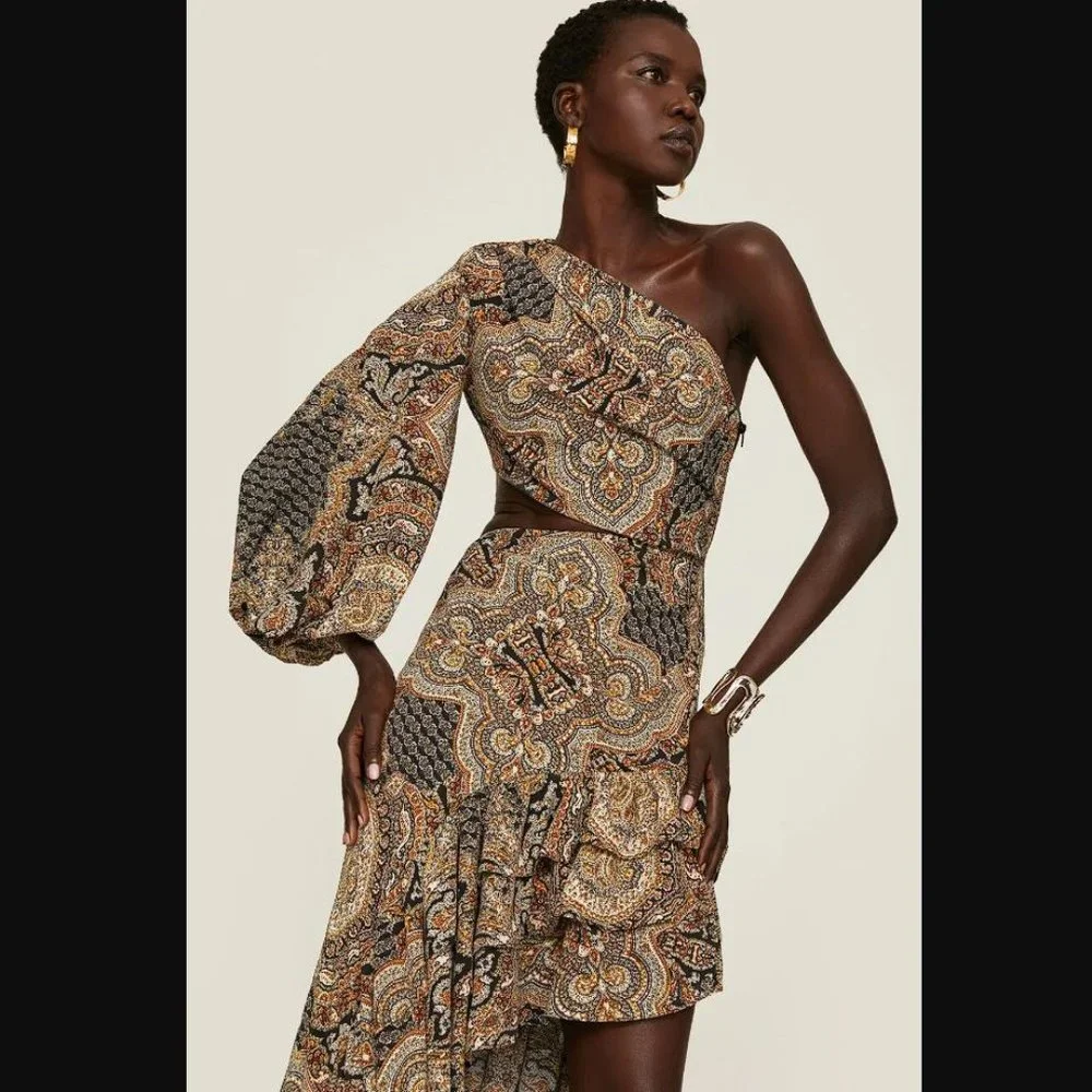 Bronx and Banco Asymmetrical Paisley Dress - Black and Gold - Picture 2 of 11